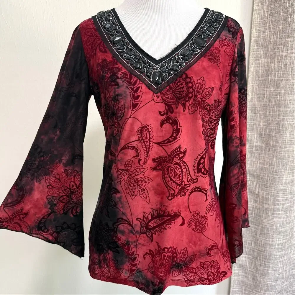 Sami & Jo Y2K Burnout Velvet Top S Red Black Fairy Grunge Flare Sleeve Beaded